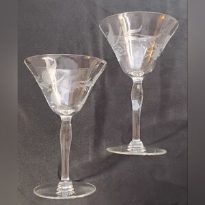 Vintage Crystal Clear Etched Martini Glasses Set Of 2